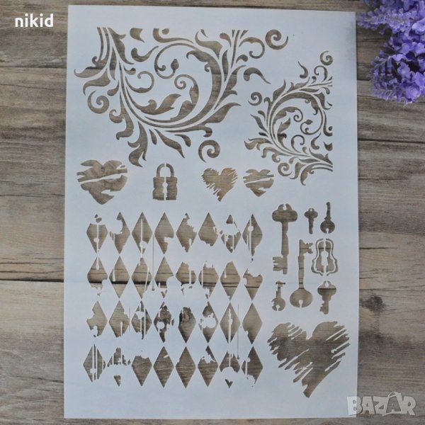 Катинар ключ ромбове сърце орнаменти шаблон стенсил спрей за торта Scrapbooking, снимка 1
