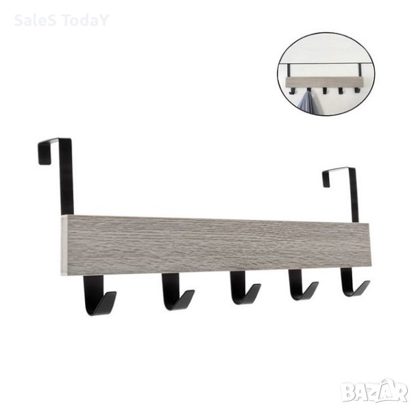 Закачалка за врата, кука, дърво и метал, 5 места, 38x7x16см , сива, снимка 1