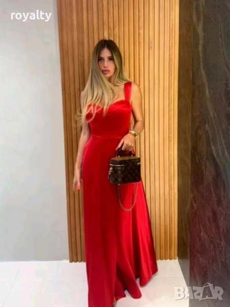 Официална дълга червена сатенена рокля, снимка 1