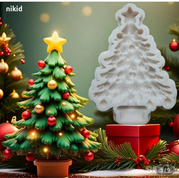 Коледно дърво голяма елха с топки и звезда силиконов молд форма фондан шоколад гипс декор, снимка 1