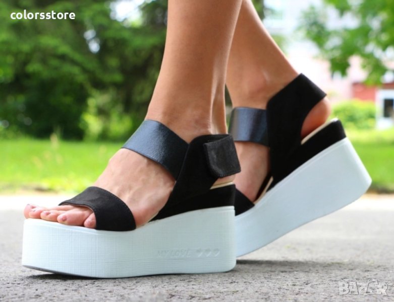 Сандали на платформа - черен велур, бяло ходило - 557, снимка 1