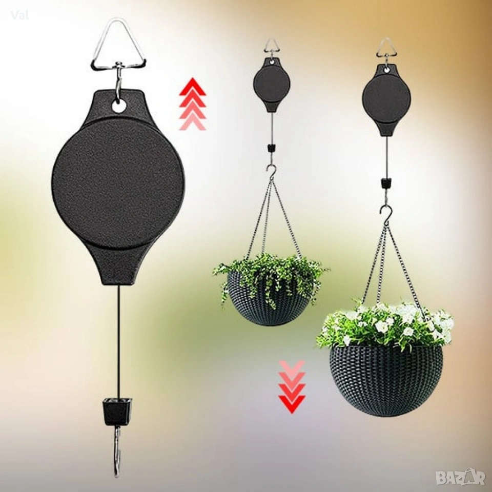 Телескопична градинска кука с прибираща се макара за висящи растения и декорации, снимка 1