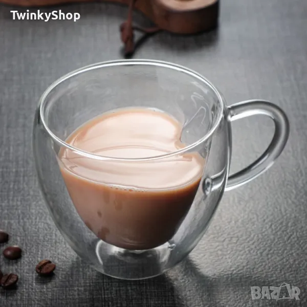 Двустенна стъклена термо чаша във формата на сърце, снимка 1