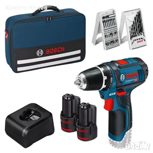 Акумулаторен винтоверт BOSCH GSR 12V-15 Professional 2 x 2,0 Ah батерии зарядно аксесоари чанта, снимка 1