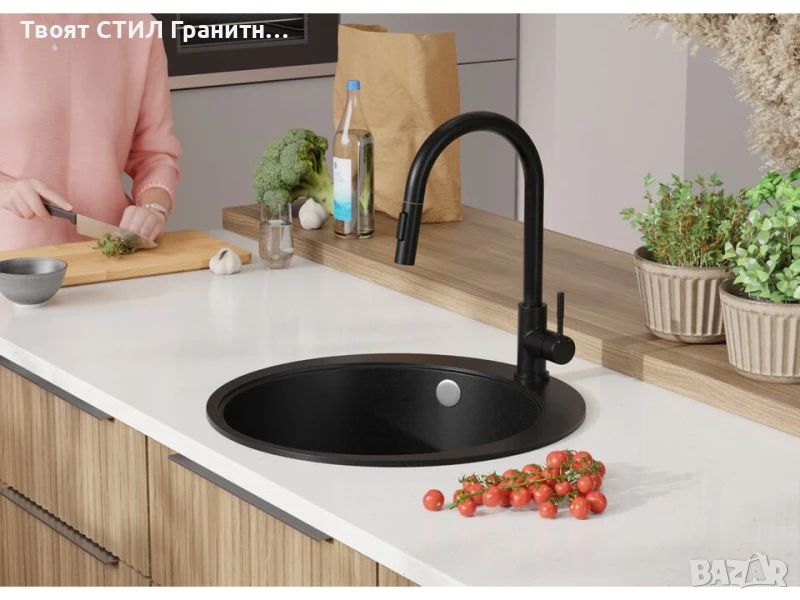 Черна кръгла кухненска гранитна мивка Пиза 50 Top 530 x 530 мм, снимка 1