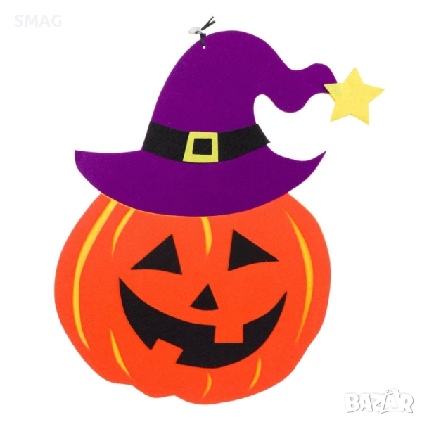 Halloween / Хелоуин декоративна тиква от сукно с лилава шапка_1207012, снимка 1