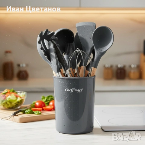 Комплект 12 части кухненски прибори със стойка Cheffinger – силиконови накрайници, дървени дръжки