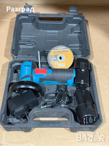 Мини акумулаторен ъглошлайф KraftRoyal 24V 6Ah, безчетков мотор, 2 батерии, зарядно, 5 диска, 18 500