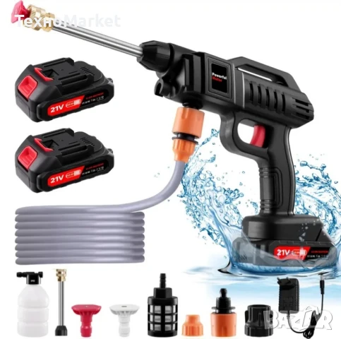 Безжичен воден пистолет за миене на коли 300W – 60 бара, 2x21V батерии, засмуква вода отвсякъде 