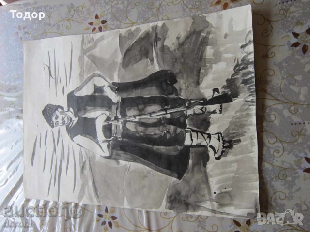 Стар акварел картина хайдутин войвода на картон, снимка 5 - Колекции - 34540635