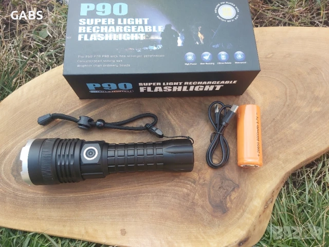 Мощен LED фенер P90 малък,USB зареждане,телескопичен ZOOM