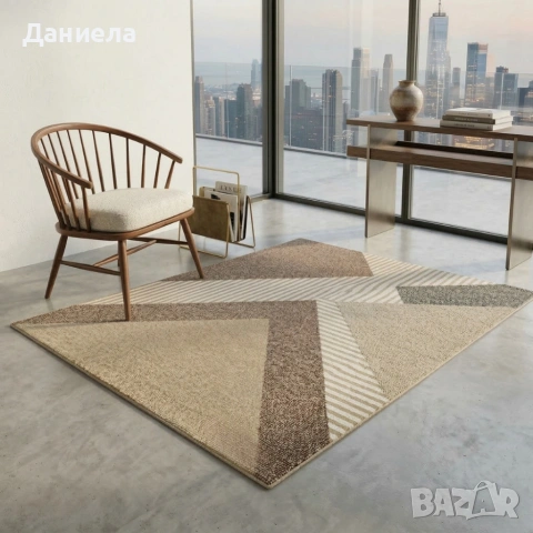 Модерен килим за хол 120х160см - Златисти триъгълници и райета и 3D ефект, Противоплъзгащ, снимка 4 - Килими - 53882172