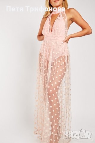 НАЛИЧНА дълга розова рокля тюл боди на точки С размер от Англия, снимка 2 - Рокли - 30713843