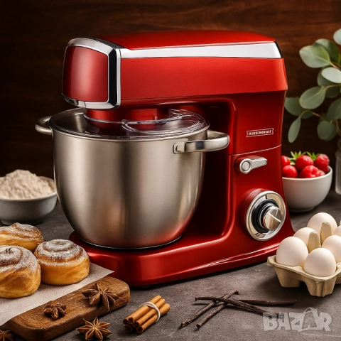 Мощен Планетарен миксер Royalty Line, 2100W, 7.5 литра, 6 скорости + Pulse, 3 бъркалки, Червен, снимка 4 - Миксери - 51729984