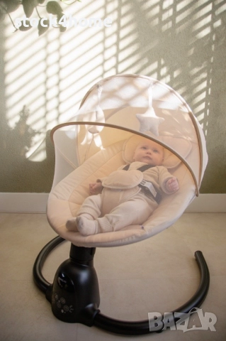 Електрически шезлонг за бебета, регулируеми ъгли, Bluetooth музика, бежов, до 10 кг