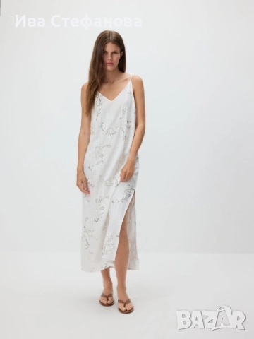 Бяла нова  дълга елегантна midi миди дължина рокля пайети 80% вискоза, 20% лен ленена 