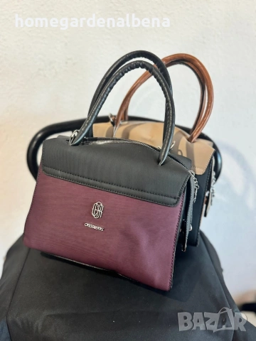 Дамска чанта двуцветна бордо черно текстил сребристи детайли