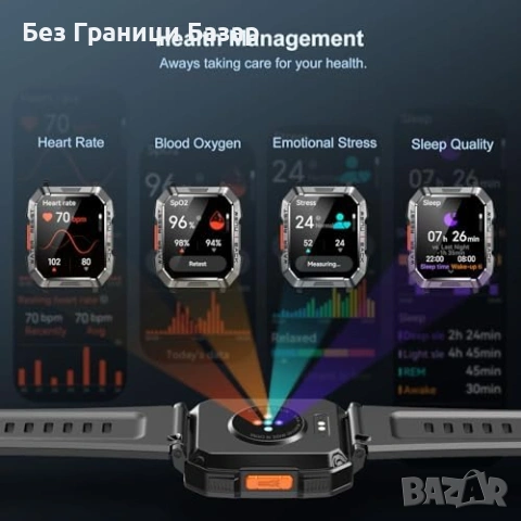 Нов Blackview Military Smart Watch – Смарт часовник с обаждания, 900mAh батерия, фенер, компас, SpO2, снимка 4 - Смарт гривни - 53096041