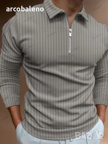 Мъжка едноцветна блуза с цип на райе с дълъг ръкав, 7цвята, снимка 4 - Блузи - 39299312