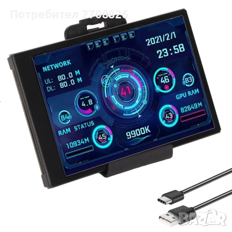 3.5-инчов Вторичен USB Мини Екран с Type-C Док, 3.5" PC CPU RAM Монитор за Данни