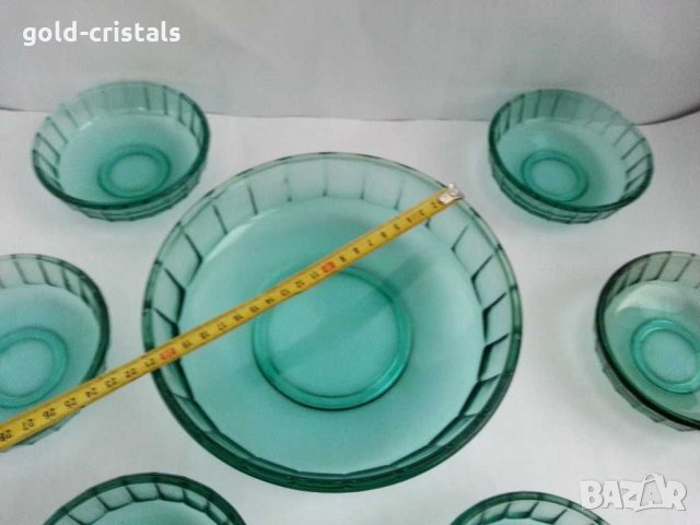 Стъклени купа и купички цветно зелено стъкло, снимка 5 - Антикварни и старинни предмети - 31764618