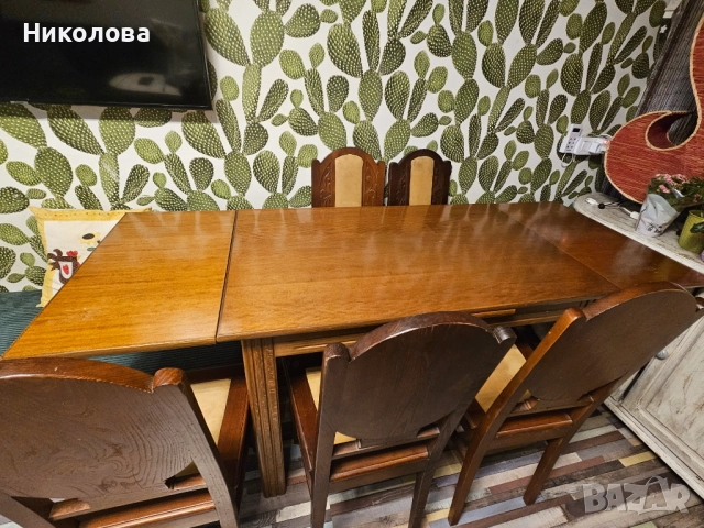Масивна дървена старинна маса със столове, снимка 2 - Маси - 52618692