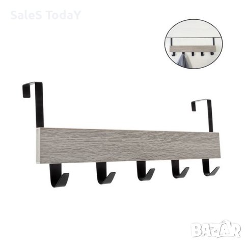 Закачалка за врата, кука, дърво и метал, 5 места, 38x7x16см , сива