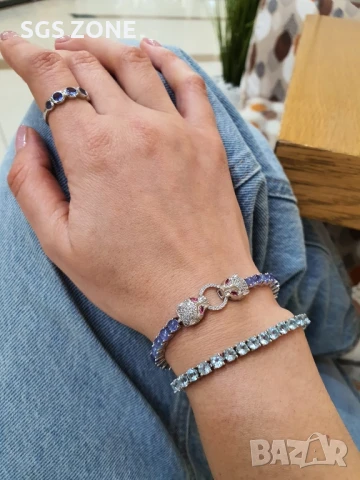 тенис гривна сребро със светлосин топаз, снимка 2 - Гривни - 51263893