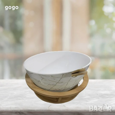 Керамична купа с дървена стойка и мраморен ефект, снимка 3 - Други стоки за дома - 49850953