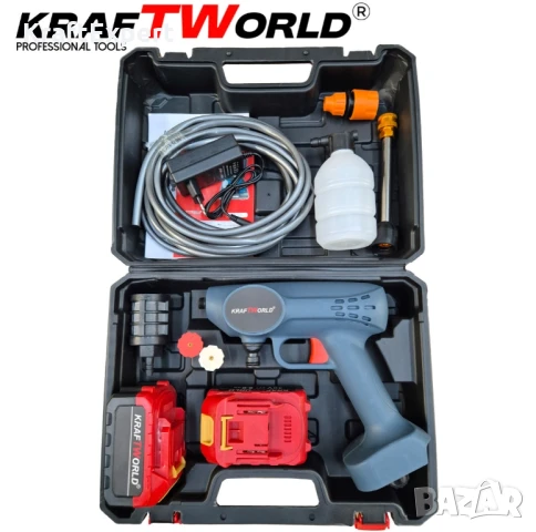 Акумулаторна Водоструйка KraftWorld с 2 Батерии Налягане 26 бара + Kонтейнер за Препарат и Аксесоари, снимка 2 - Други инструменти - 50488212