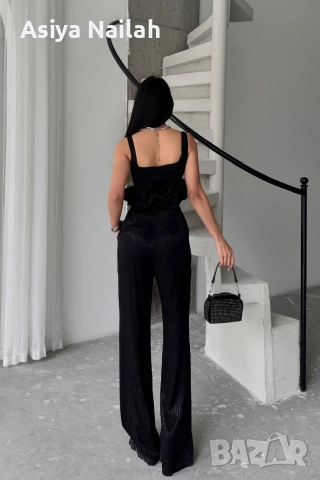 Дамски черен костюм от 3 части – сако, топ и широк панталон, снимка 9 - Костюми - 52792791