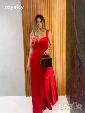 Официална дълга червена сатенена рокля
