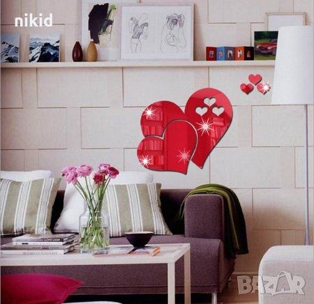 3D огледални или червени  сърца декор за стена като огледало пластика, снимка 3 - Декорация за дома - 26191402