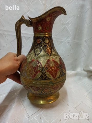 Масивна голяма  месингова кана, украсена със сложни цветни емайлирани и златни шарки-емайлираните де, снимка 7 - Антикварни и старинни предмети - 52771791