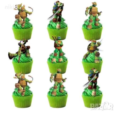 12 бр Костенурките Нинджа къси остри картонени топери за торта мъфини кексчета парти рожден