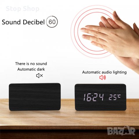 Дигитален часовник, USB Wooden Clock, Tермометър, LED, Дървен, Черен , снимка 2 - Стенни часовници - 38461664
