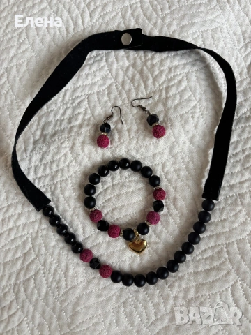 Комплект от оникс и лава в цикламено, снимка 4 - Бижутерийни комплекти - 54087612