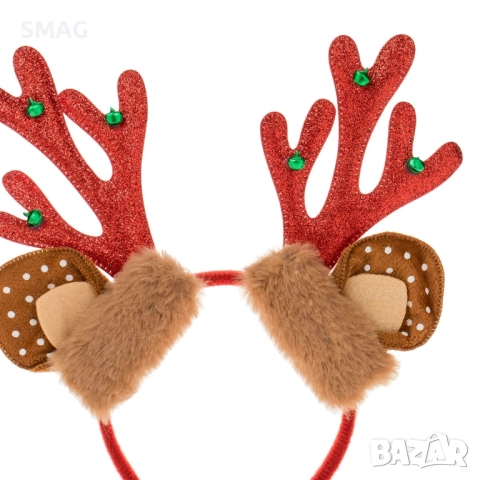 Еленски рога с червен брокат, камбанки и ушички_1227270, снимка 2 - Шноли, диадеми, ленти - 52709344