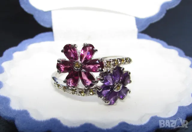 925 сребърен пръстен с аметист и гранат, другите камъни са жълт сапфир. Халка 9/59.5/19.5, снимка 2 - Пръстени - 49485836