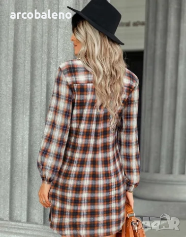 Едноредна модна дамска карирана рокля, 2цвята , снимка 3 - Рокли - 51883854