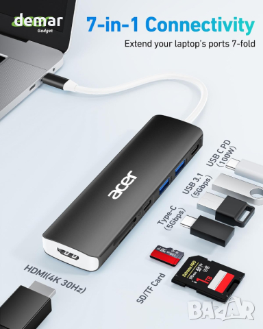 Acer USB C Hub, 7 в 1 USB C към 4K HDMI, 2 USB 3.1, Type-C, PD 100W, четец на SD карти, снимка 2 - Кабели и адаптери - 44518431