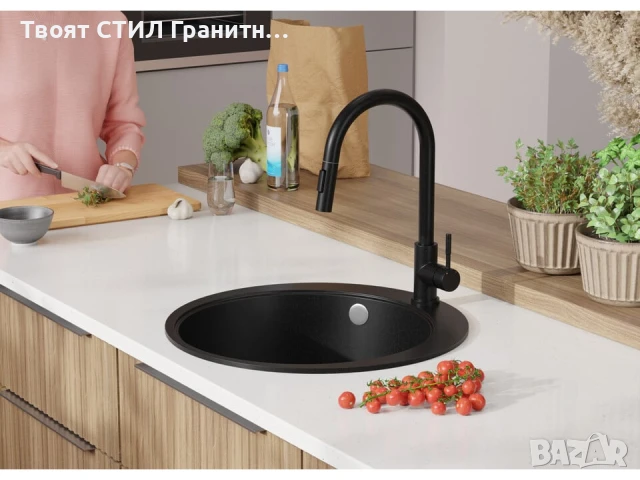 Черна кръгла кухненска гранитна мивка Пиза 50 Top 530 x 530 мм
