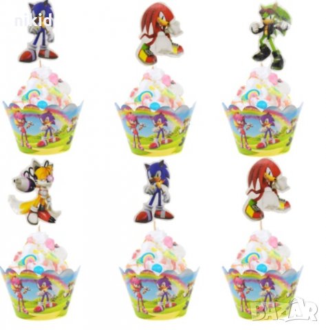 Соник Sonic 12 бр топери и кошнички украса декорация за мъфини кексчета торта парти, снимка 3 - Други - 30054896