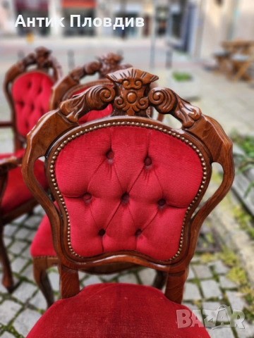 Комплект от 6 трапезни стола с червена плюшена дамаска, снимка 6 - Столове - 53983502