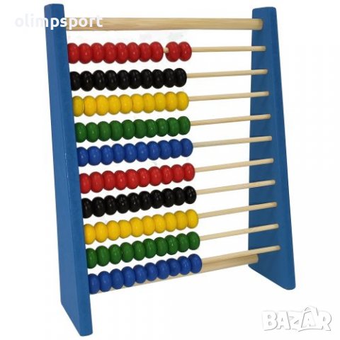 Класическо дървено сметало със 100 цветни топчета, групирани по 10 на ред. 
