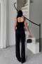 Дамски черен костюм от 3 части – сако, топ и широк панталон, снимка 9