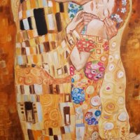 "Целувката" Густав Климт– Масло, Платно, Подпис, 80см/60см, 1969г, снимка 5 - Картини - 36623723