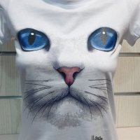 Страхотна нова дамска бяла тениска с 3D принт Котка със сини очи, снимка 7 - Тениски - 29126635