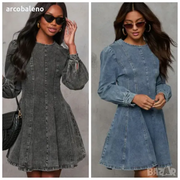 Модна дамска дънкова рокля с дълги ръкави с талия в пачуърк, 2цвята , снимка 1