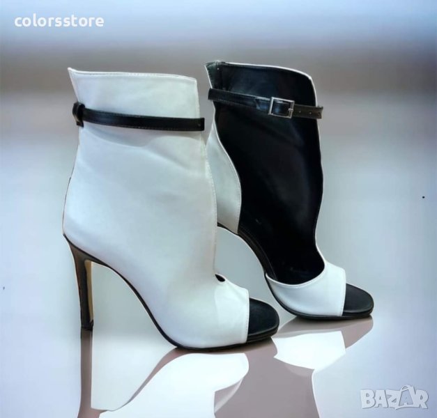 Летни боти на ток - бяло и черно кожа - ST31, снимка 1